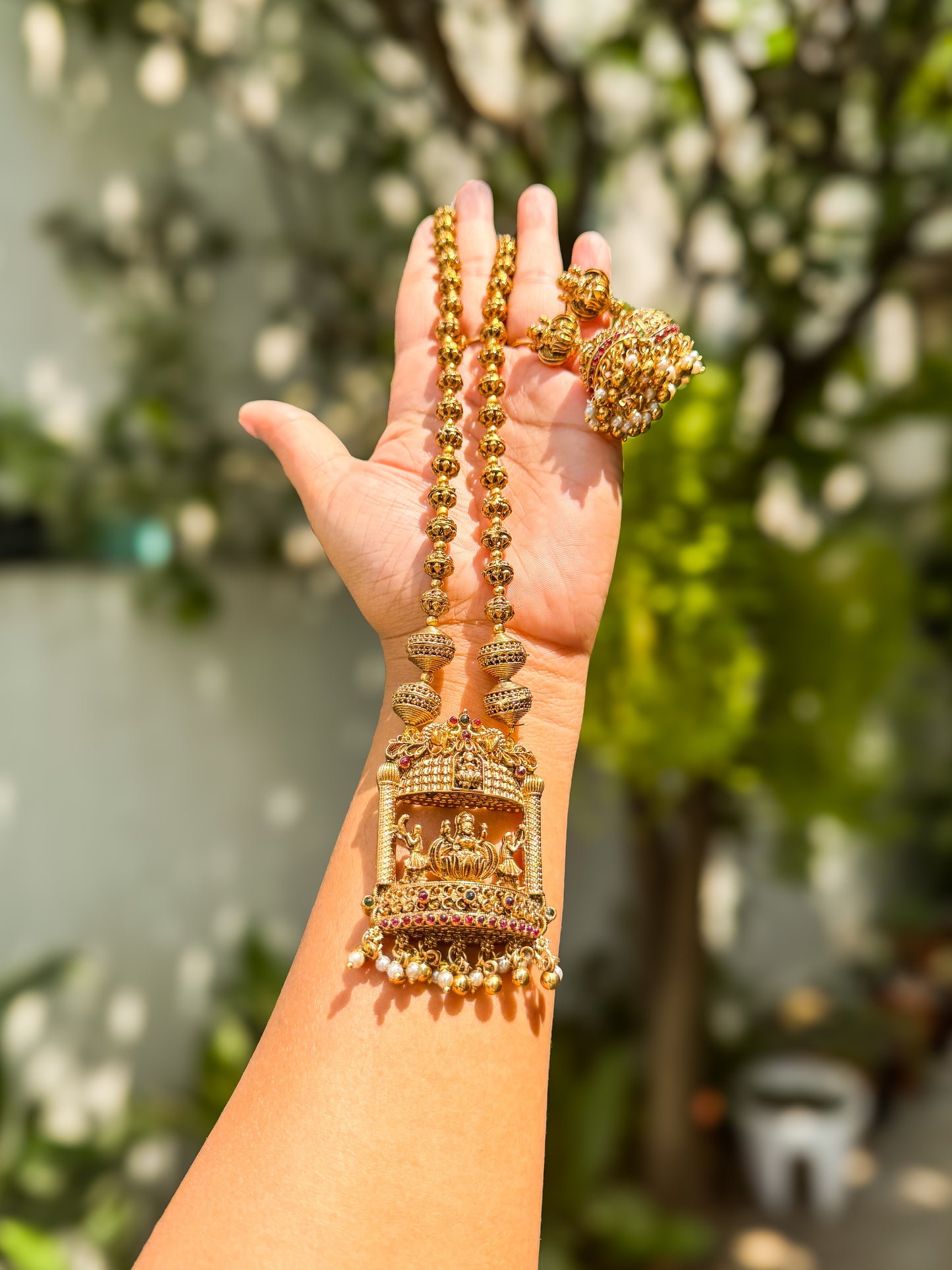 Premium Lakshmi Manchal highighted Haram with Jhumka set