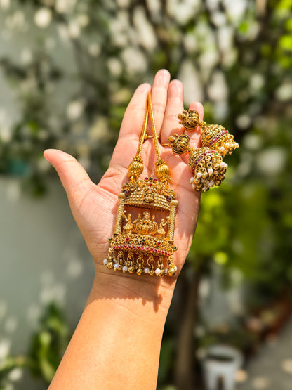 Chain with Lakshmi Manchal highighted pendant and Jhumka set