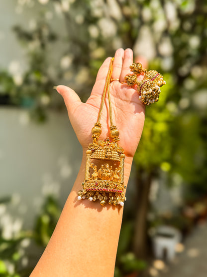 Chain with Lakshmi Manchal highighted pendant and Jhumka set