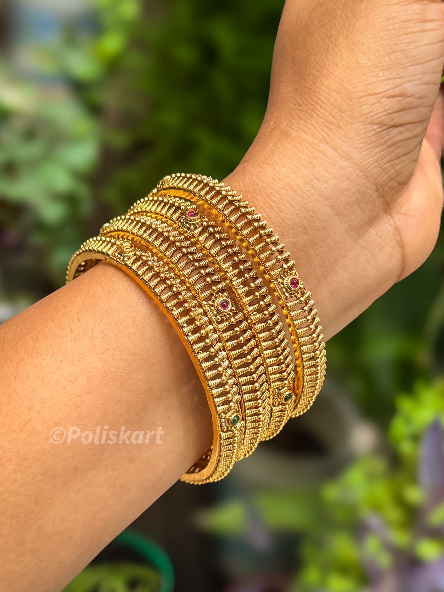 4 bangles with rubi and green stone worked net design `