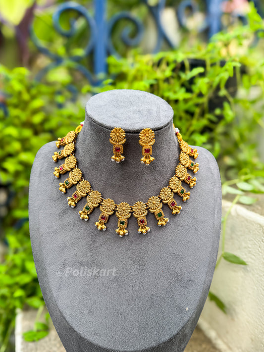PK366 - Multi color stone worked flower necklace