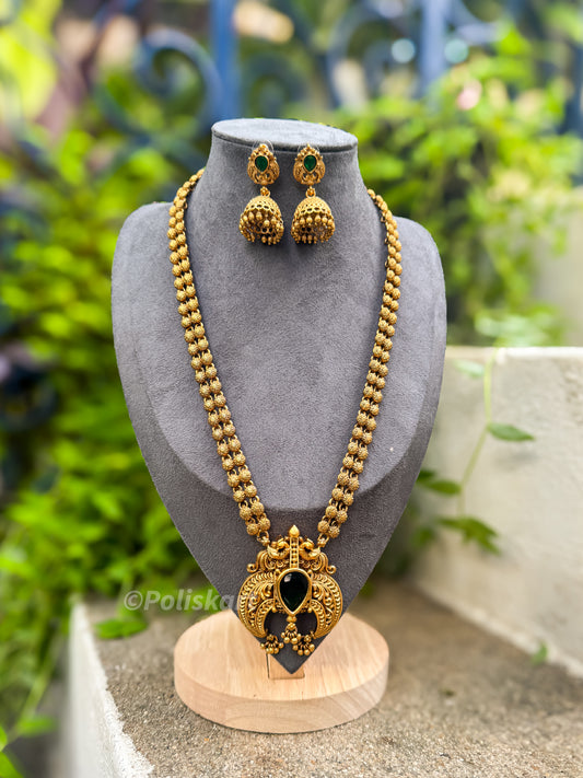 PK342 - Emerald stone worked Peacock Haram with Jhumka set