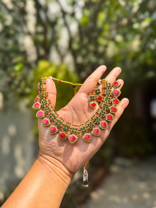Rubi and green Palakka necklace with earring set