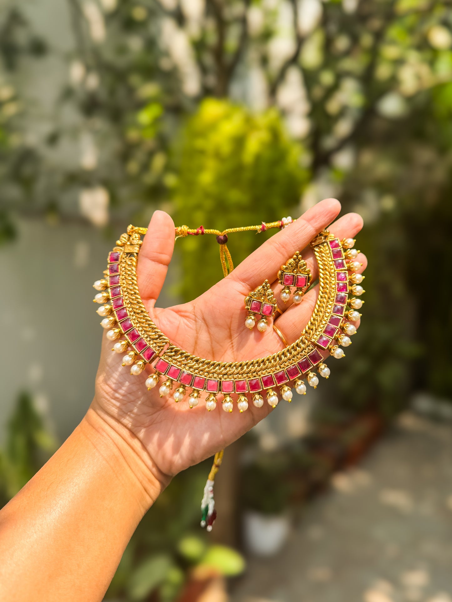 Rubi and pearl worked necklace with jhumka set