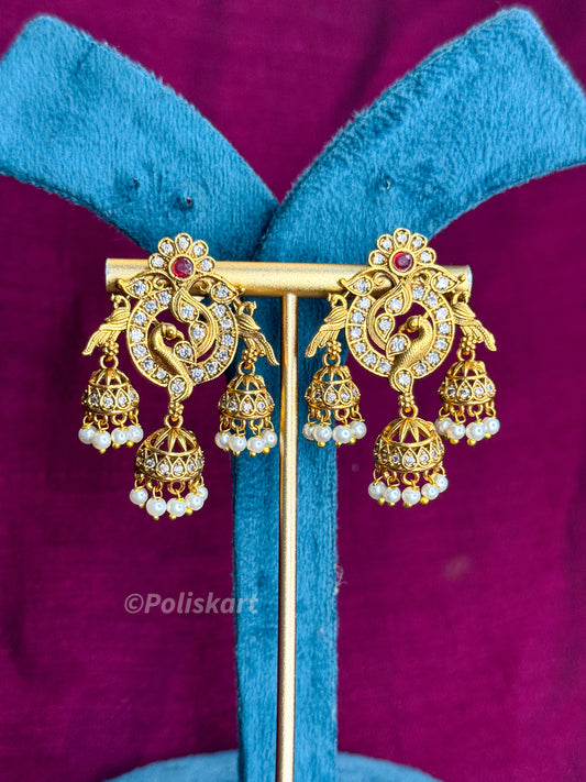 PK365 - Jhumkas - Triple white sone worked jhumka design