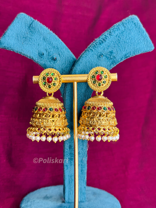 PK360 - Jhumkas - white pearl and green and red flower design