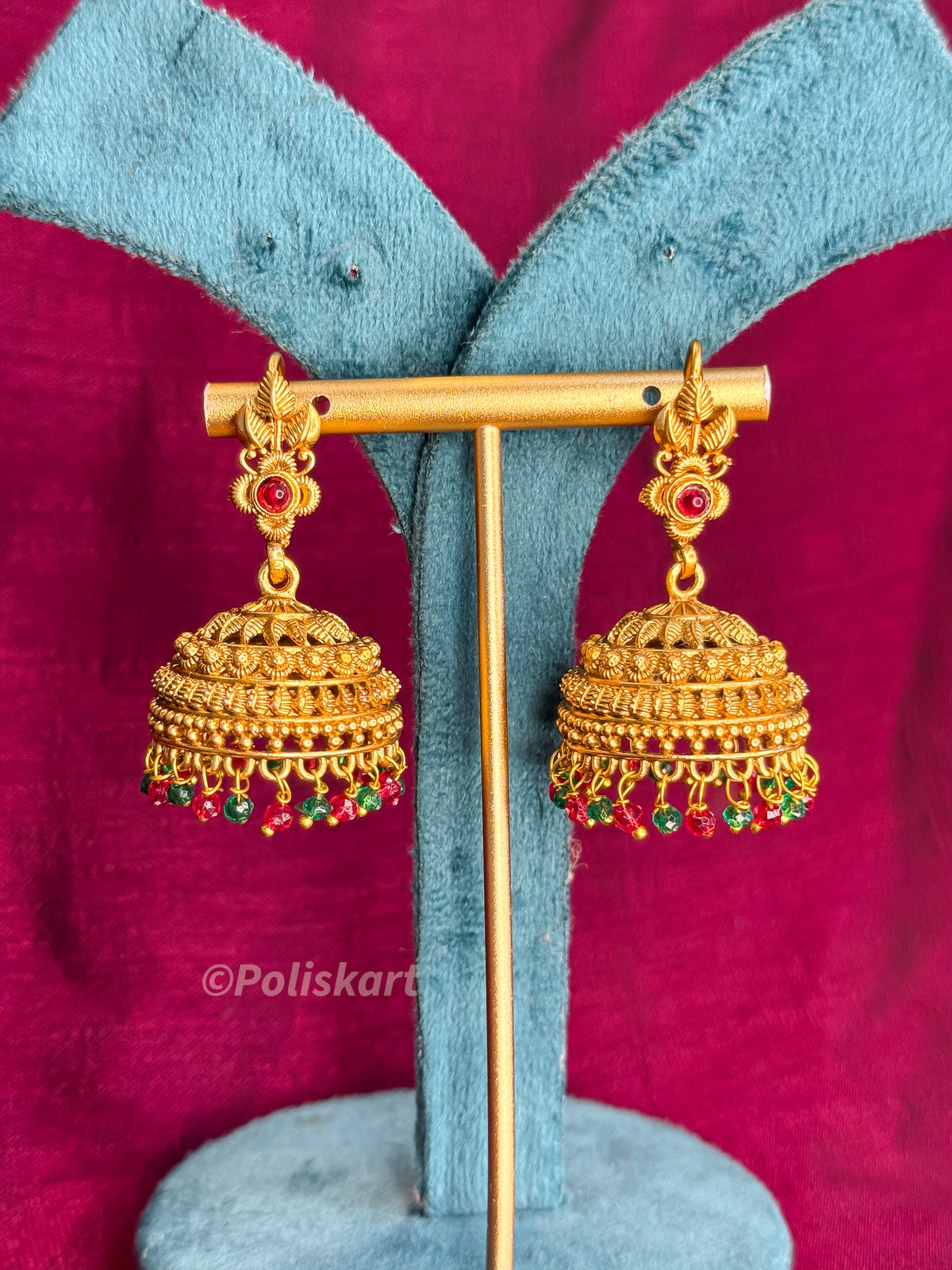 PK356 - Jhumkas - green and red pearl design