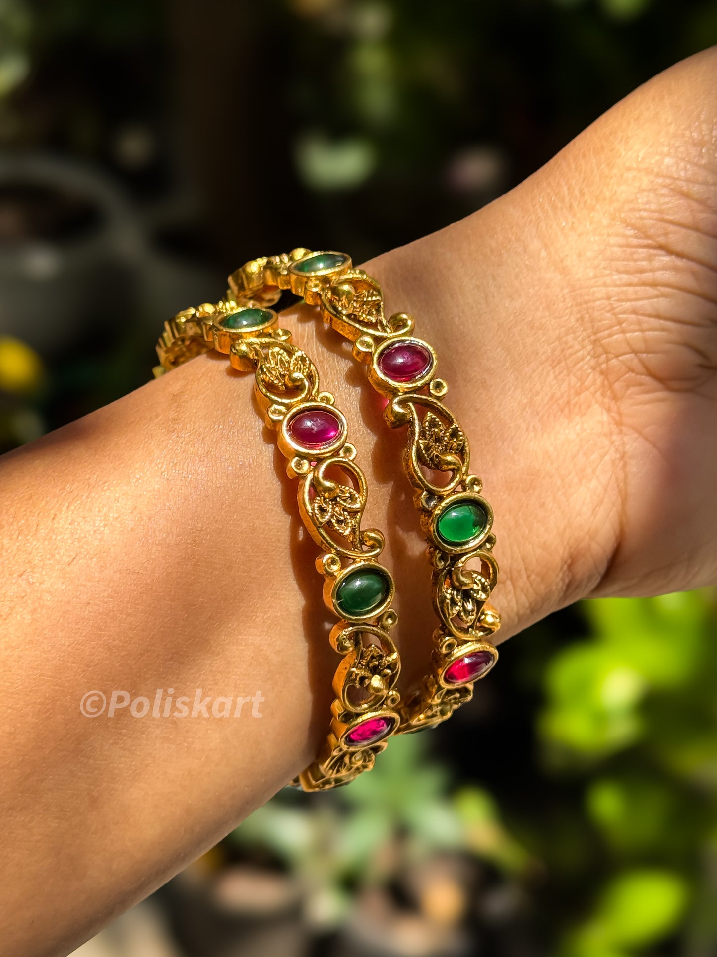 Pair of bangles Ruby and green stone worked
