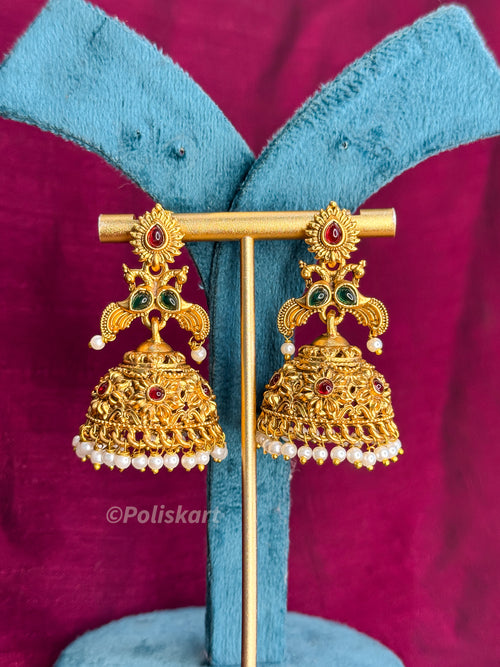 PK357 - Jhumkas - white pearl worked peacock design
