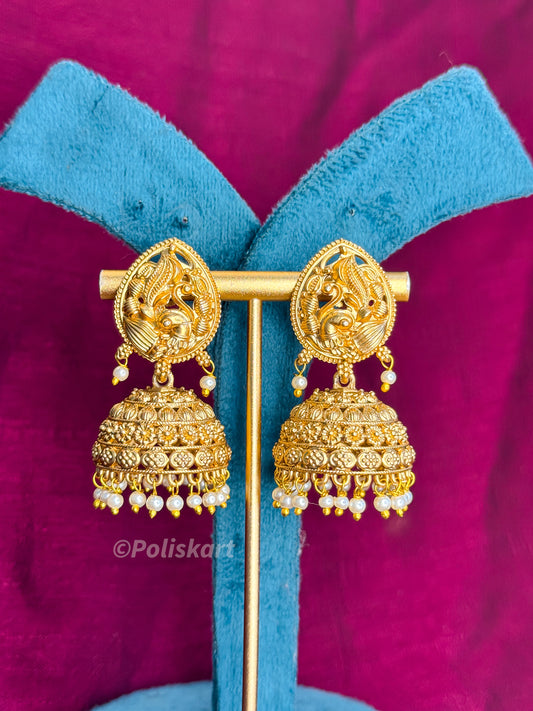 PK353 - Jhumkas - Beautiful white pearl worked peacock design