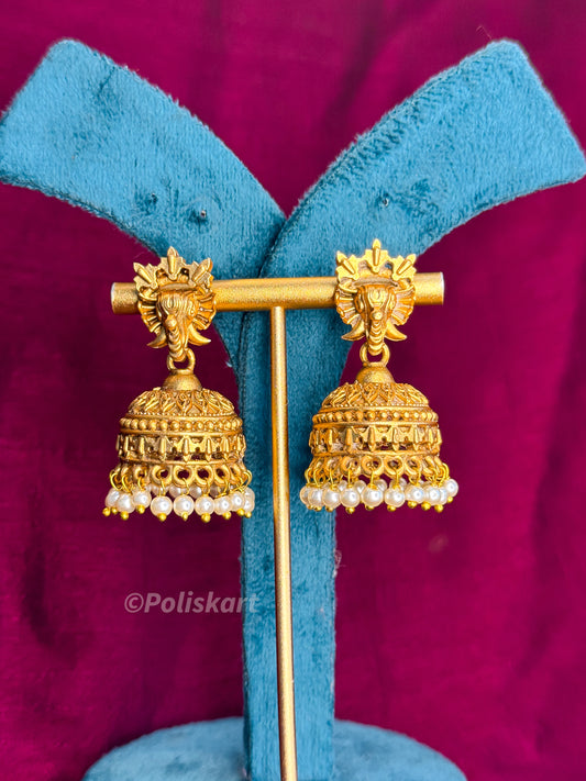 PK354 - Jhumkas - Beautiful white pearl with elephant design
