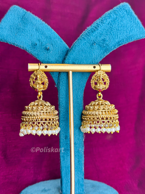 PK349 - Jhumkas - White pearl lakshmi design