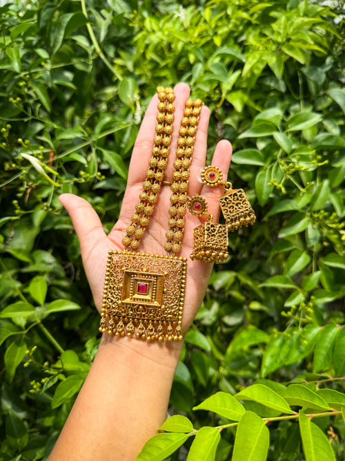 Kerala Style square pendant haram with jhumka set