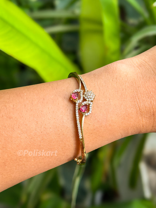 Free size cuff bangle Pink and white stone worked design