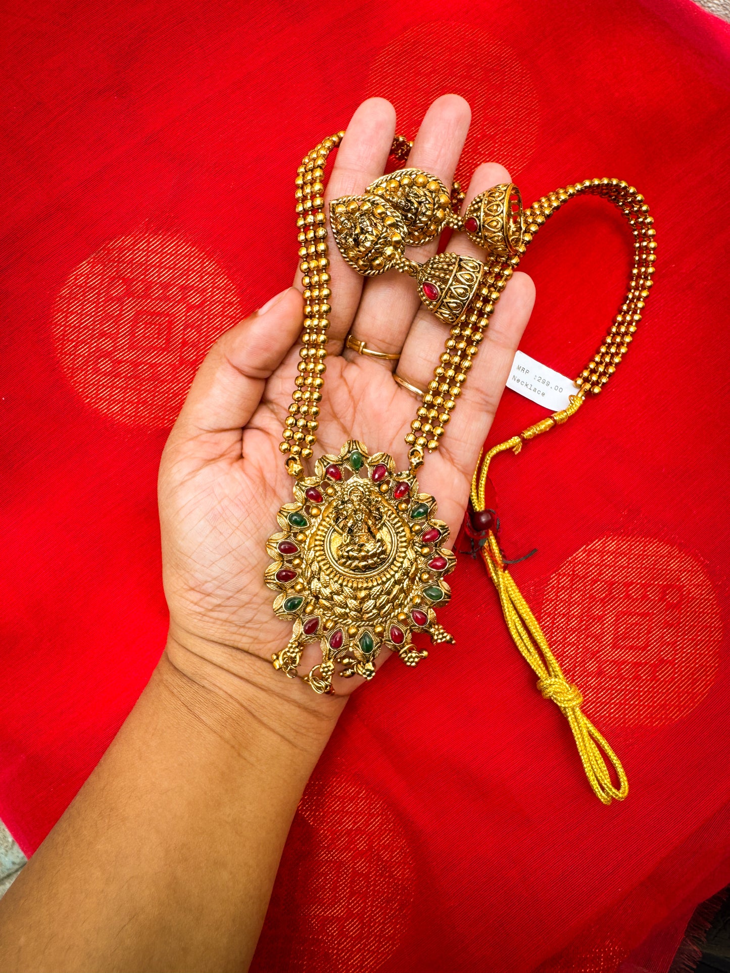Green and red combined Lakshmi Haram with Jhumka set