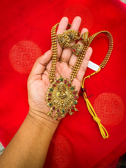 Green and red combined Lakshmi Haram with Jhumka set