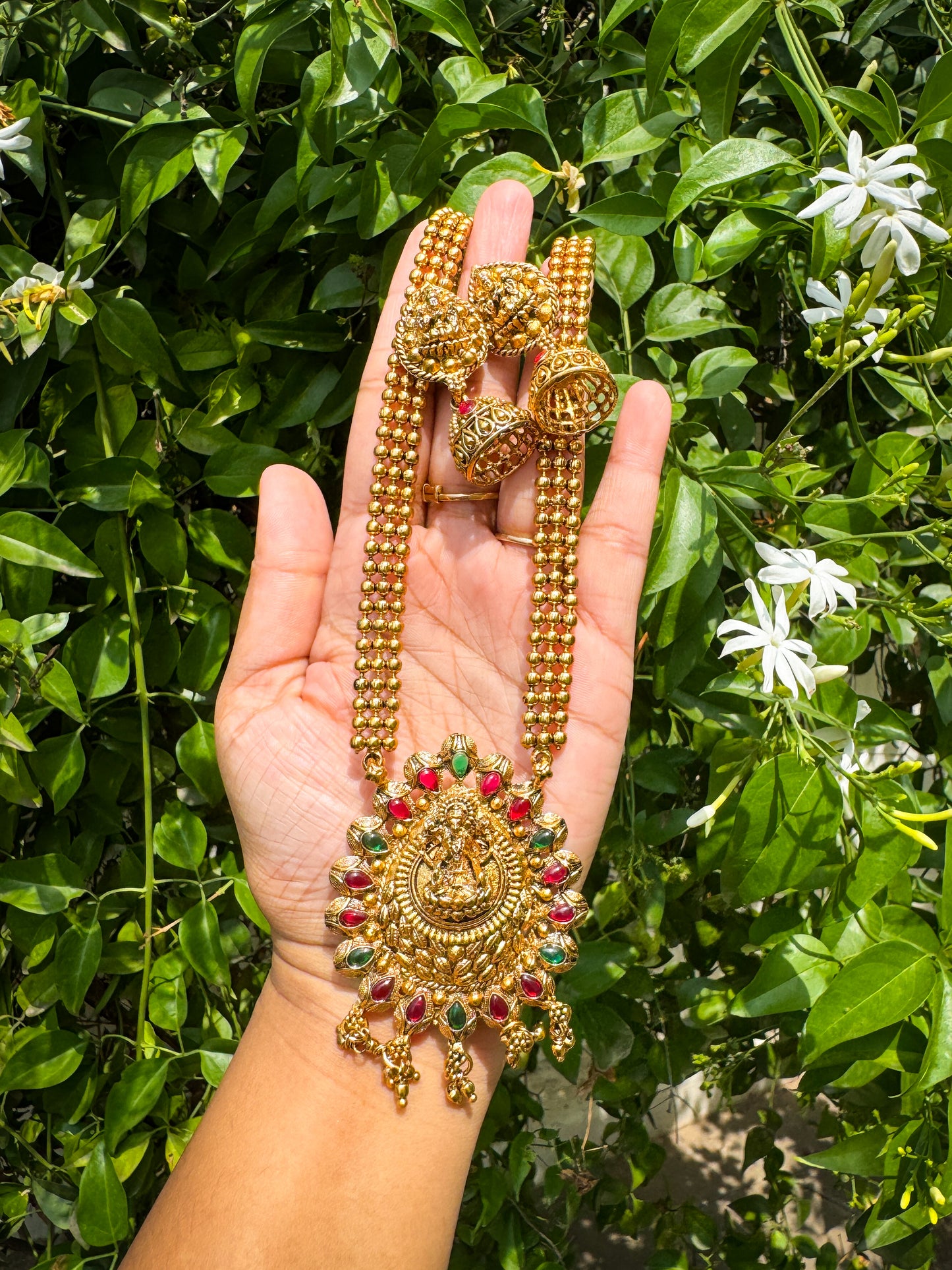Green and red combined Lakshmi Haram with Jhumka set