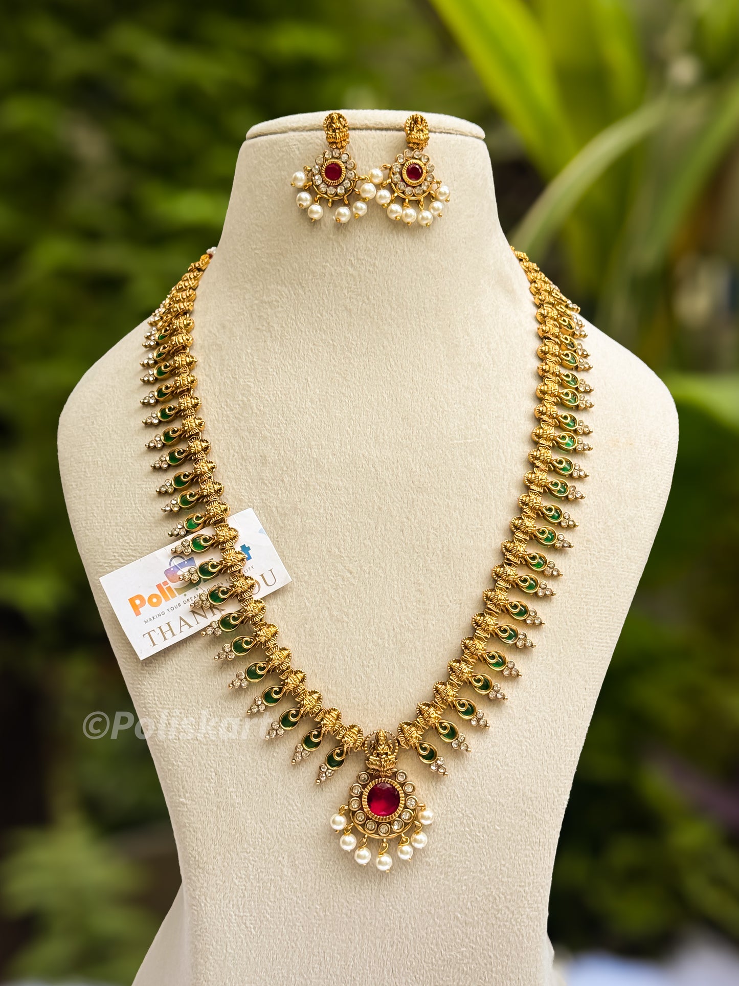 Green and ruby palakka haram with earing set