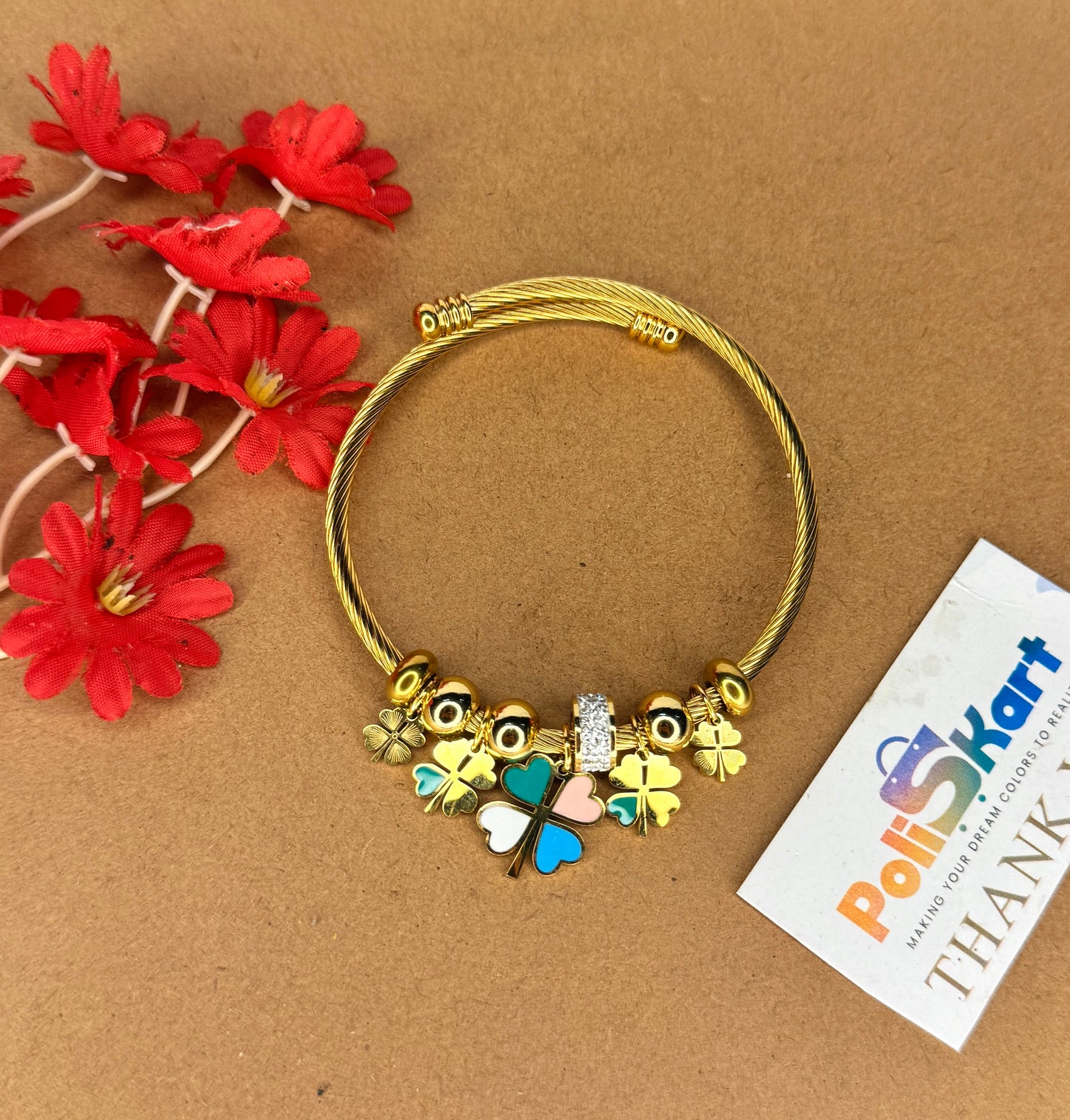 Adjustable bracelet bangle with multicolor fower and stone hangings