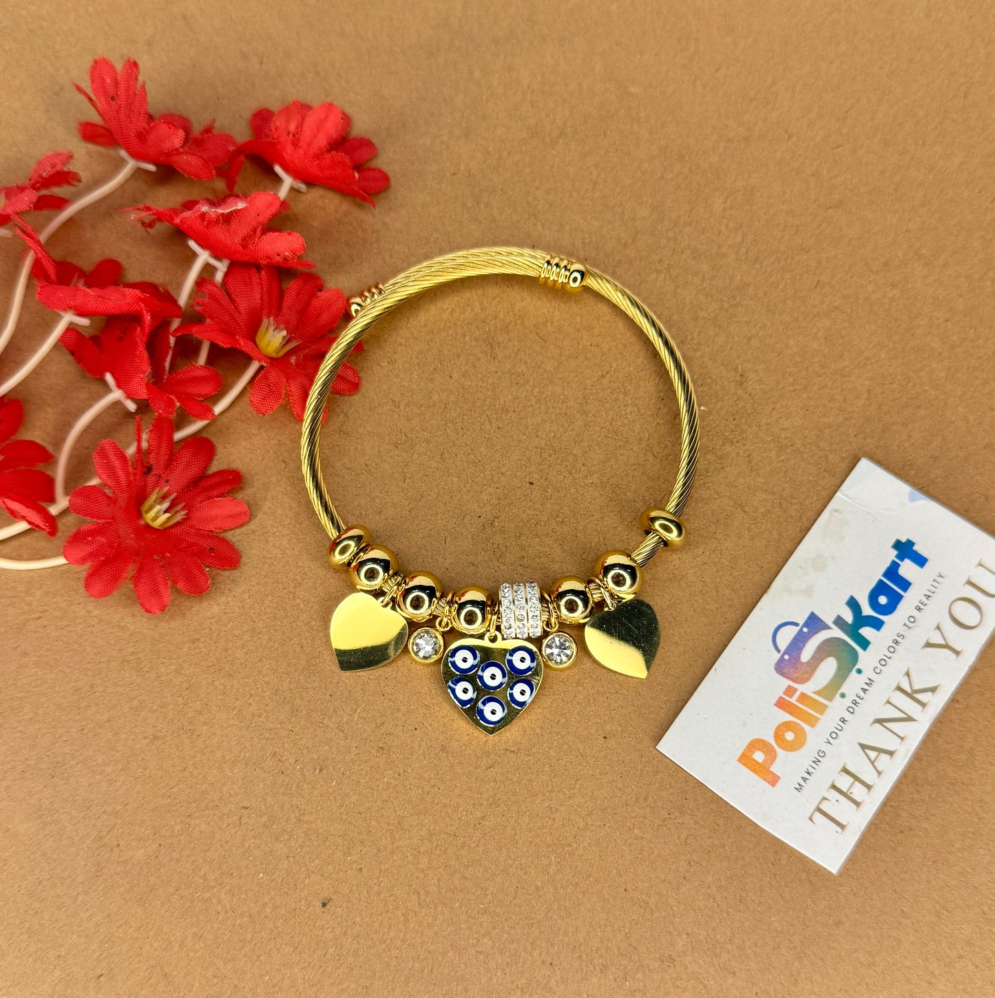 Adjustable bracelet bangle with eye heart and  stone hangings
