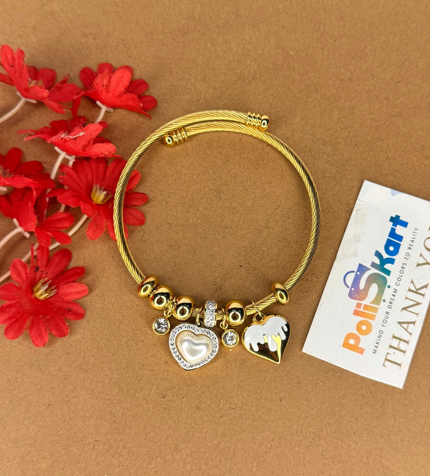 Adjustable bracelet bangle with white heart and  stone hangings