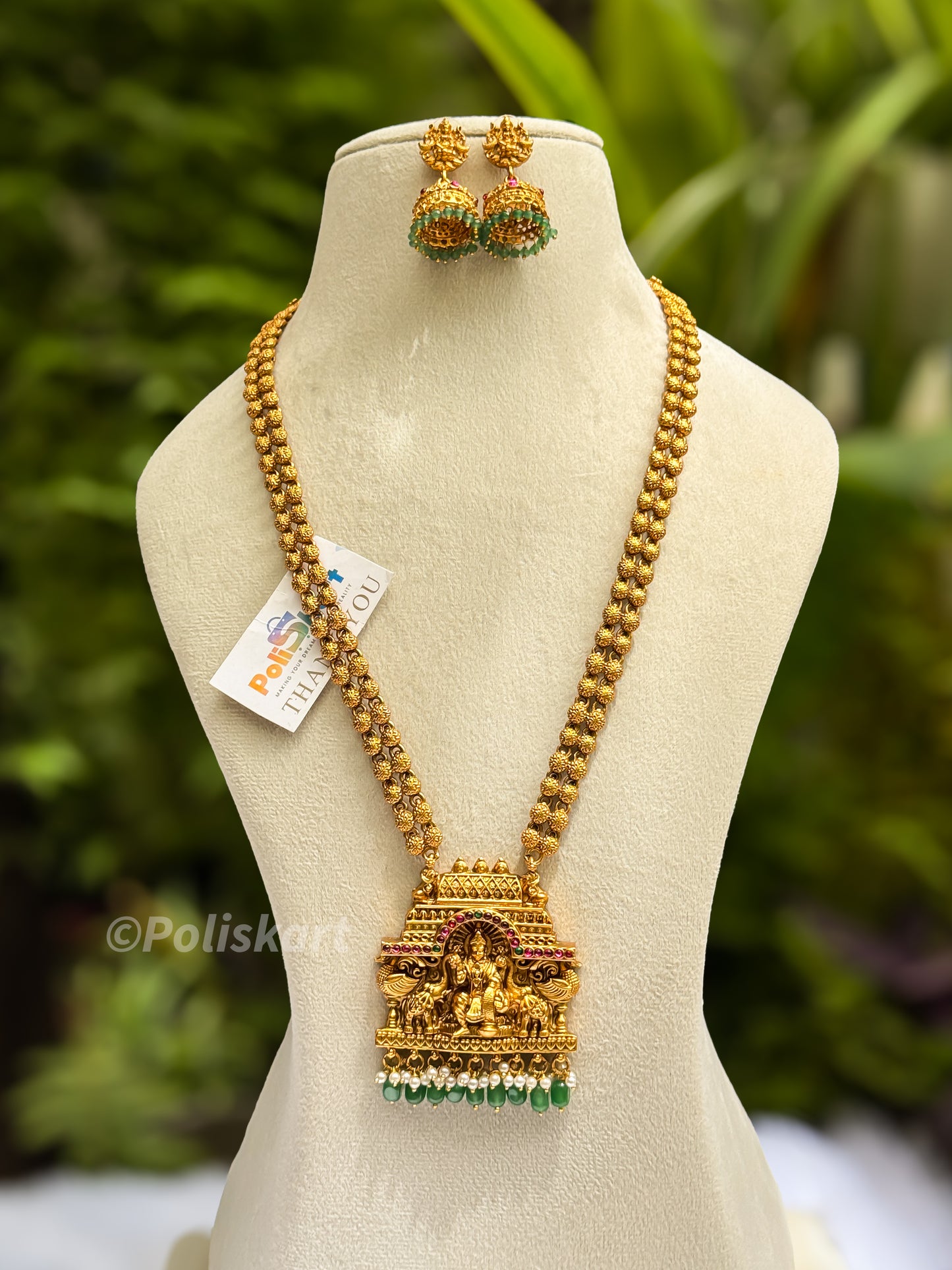 Pearl highlighted Lakshmi haram with jhumka set