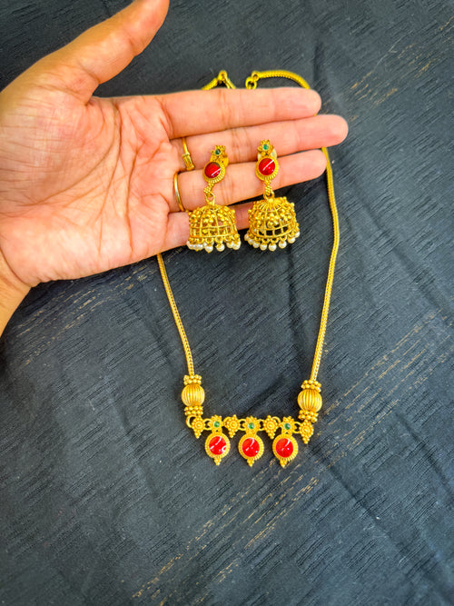 Palakka designed gold finishing necklace Red with jhumka set