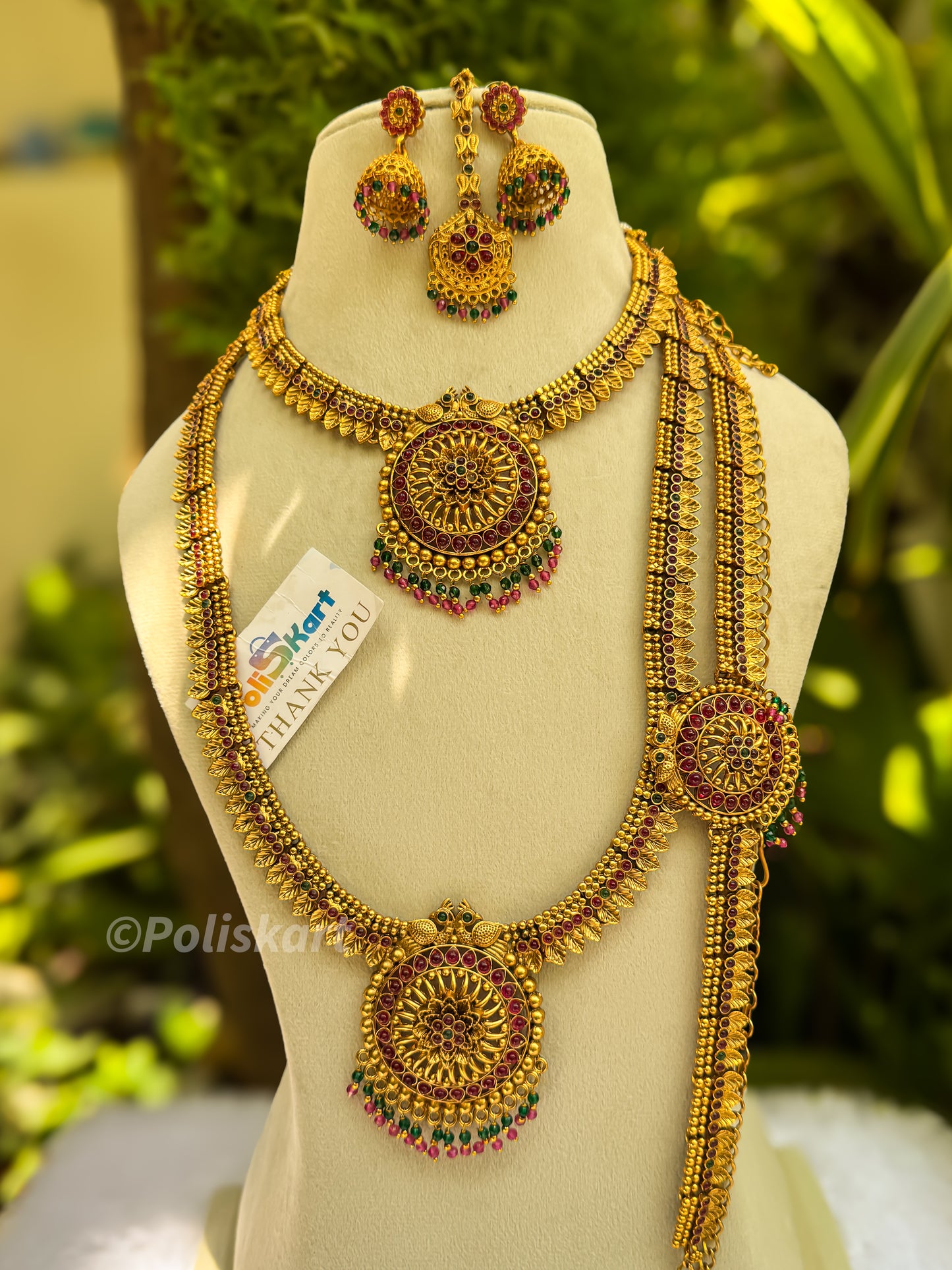 Bridal combo of Haram, Necklace,Hip chain, Tikka and earring - Leaf design