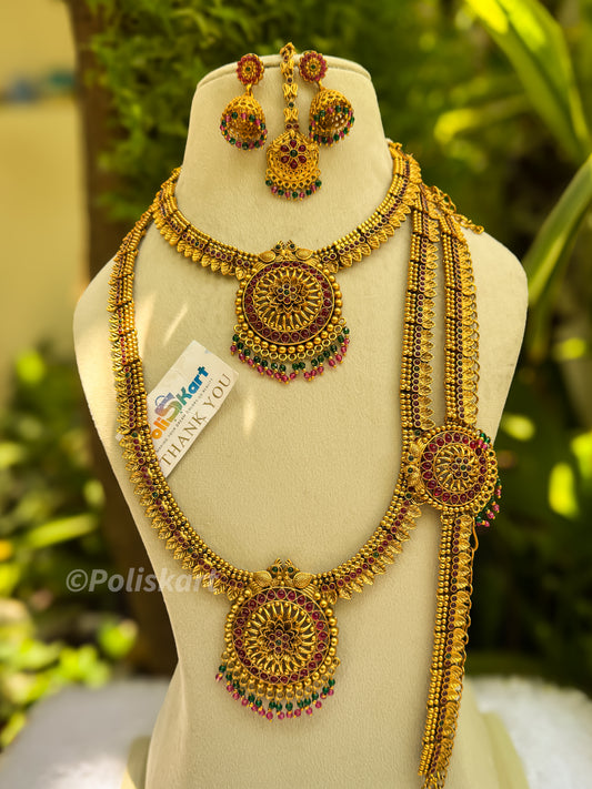 Bridal combo of Haram, Necklace,Hip chain, Tikka and earring - Leaf design