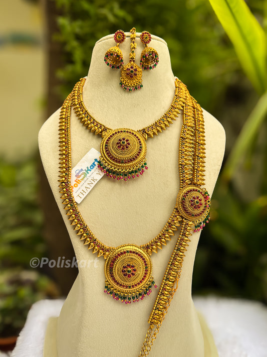 Bridal combo of Haram, Necklace,Hip chain, Tikka and earring - mullamottu design