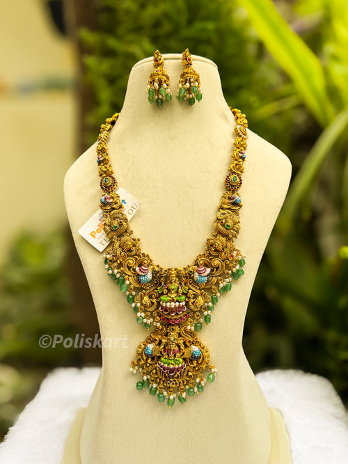 Premium color enamel worked lakshmi and peacock haram with jhumka set