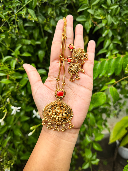 Elegant Rubi Red Lakshmi harram with earring set