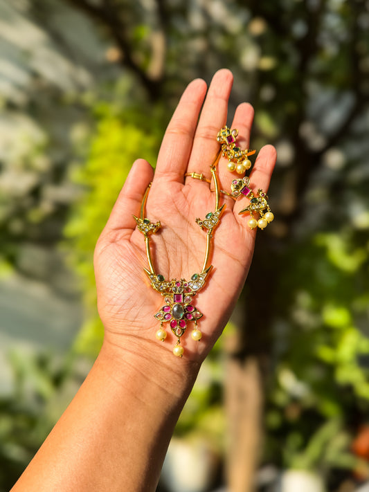 Trending bird designed stone worked attigai with earring set