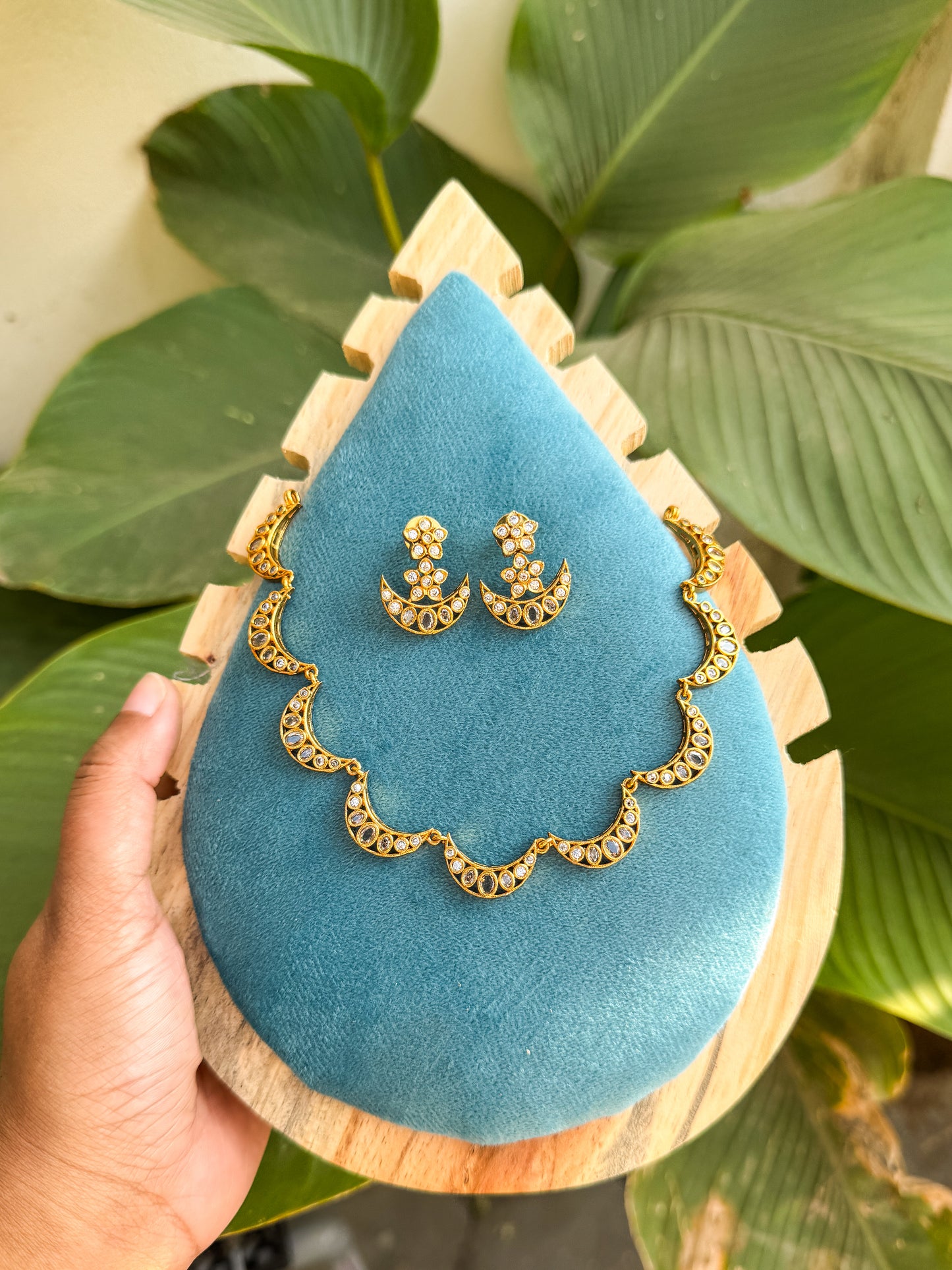 Trending half moon stone worked necklace with earring