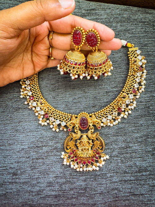 Heavy worked Lakshmi temple design  Red & White with Jhumka