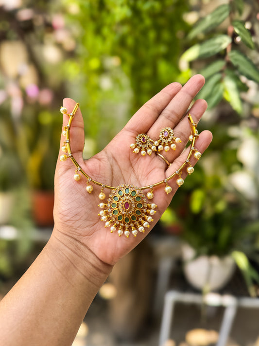Stone and pearl worked attigai with earring set