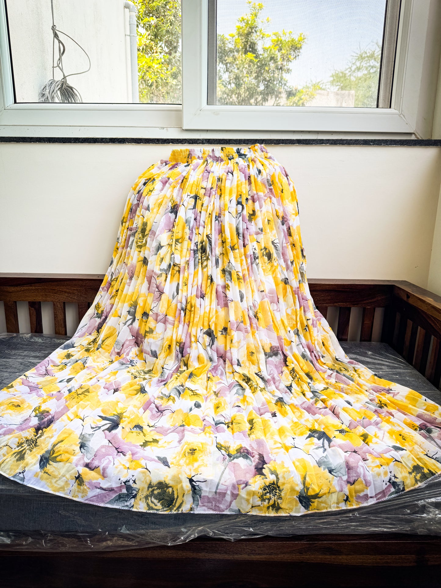 Flower Printed Georgette Skirt - Yellow & Lavender Color