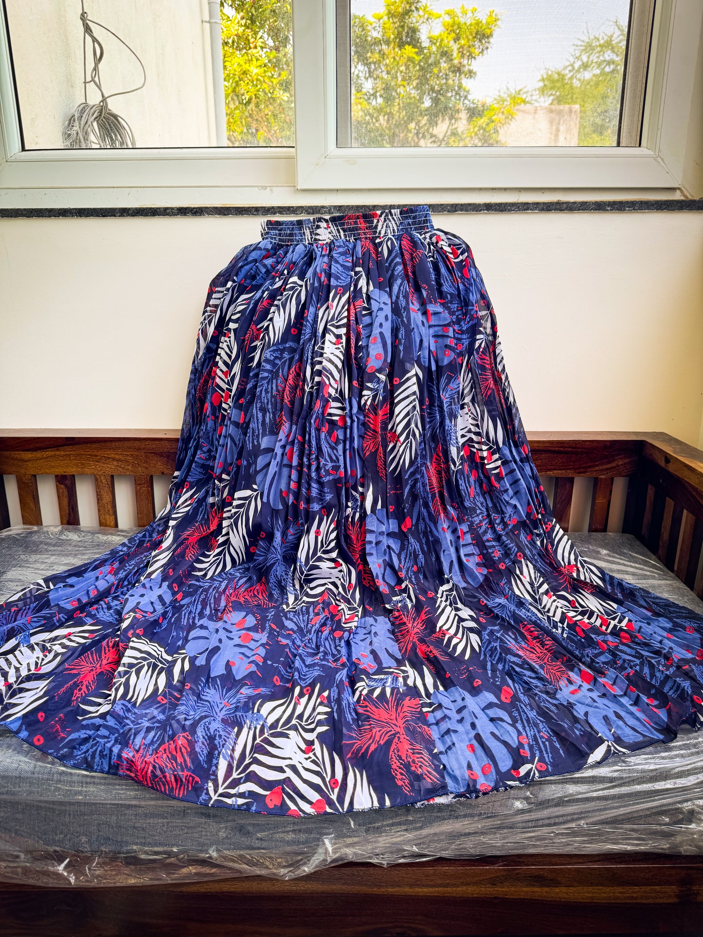 Flower Printed Georgette Skirt - Blue Forest print