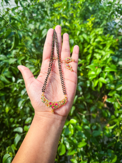 Premium Mangalsutra with Red and green stone worked and earring set