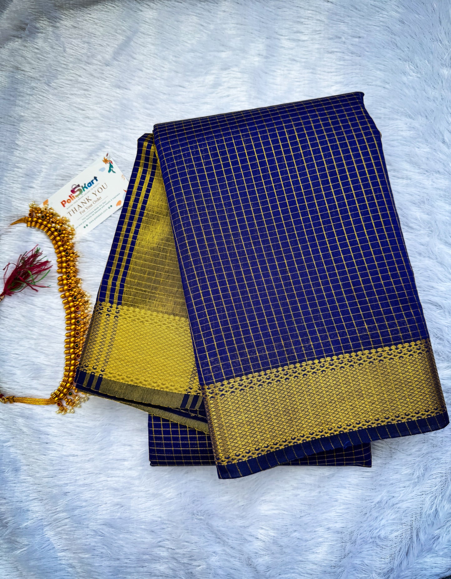 Trending Maheshwari Checked Silk Cotton Saree -Dark Blue