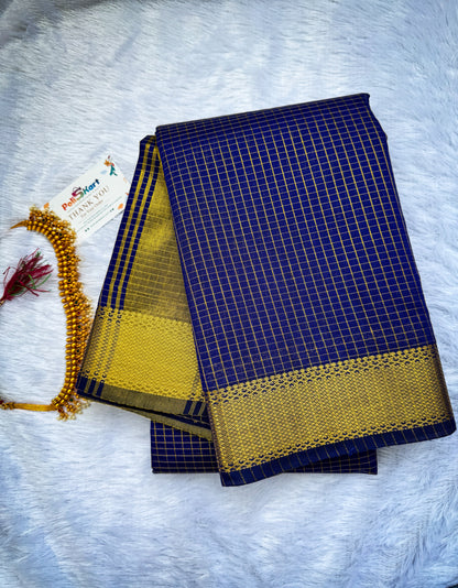 Trending Maheshwari Checked Silk Cotton Saree -Dark Blue