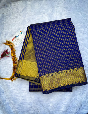 Trending Maheshwari Checked Silk Cotton Saree -Dark Blue