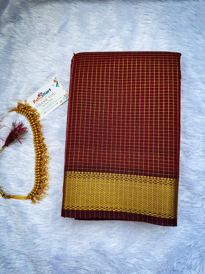 Trending Maheshwari Checked Silk Cotton Saree -Meroon