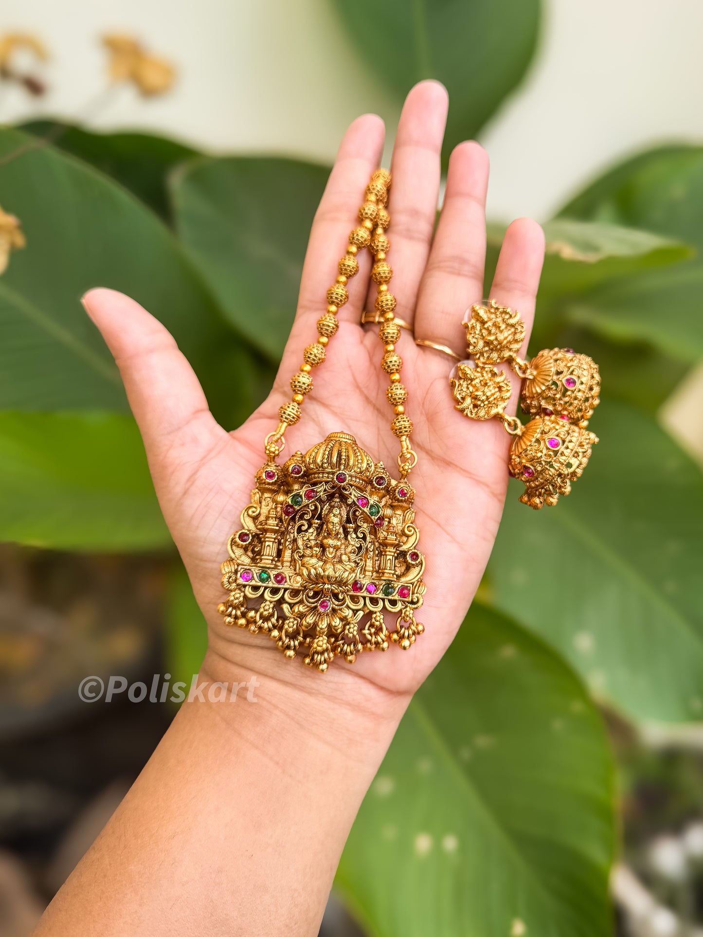 Premium gold finished Lakshmi Haram with Jhumka set