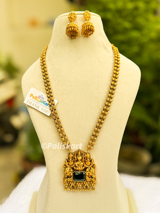 Emaralad stone worked lakshmi haram with jhumka set