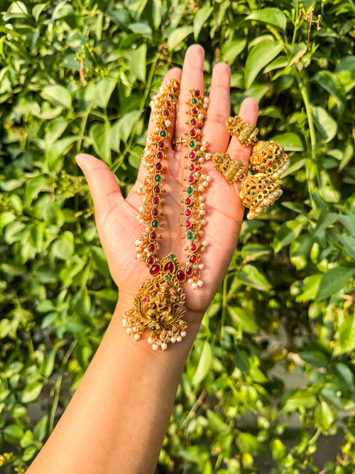 Pearl and stone worked Lakshmi Necklace with Jhumka set