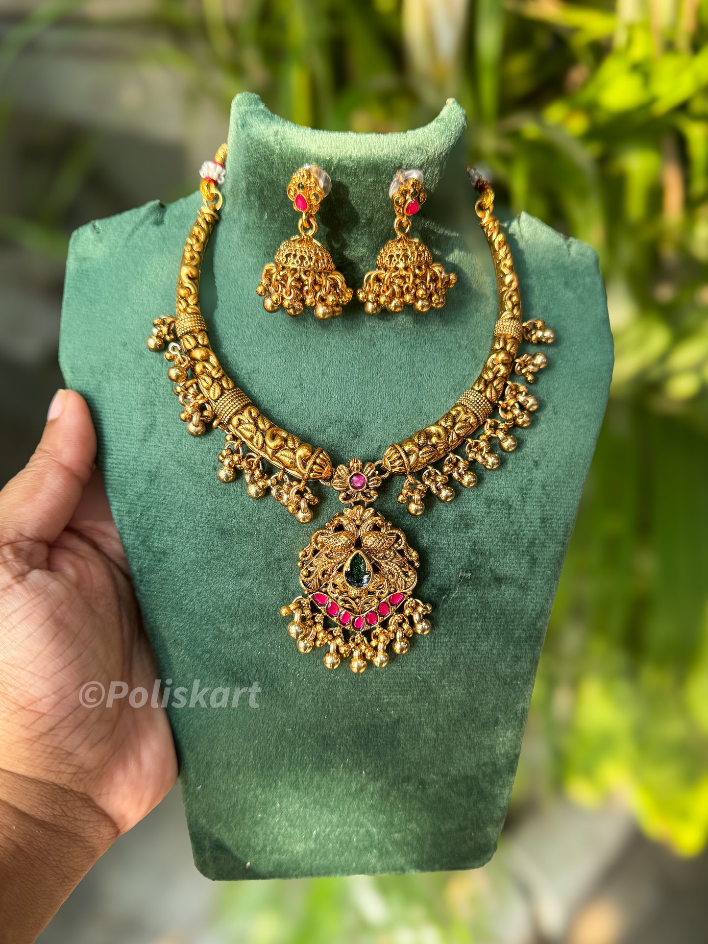 Peacock designed short necklace with jhumka set