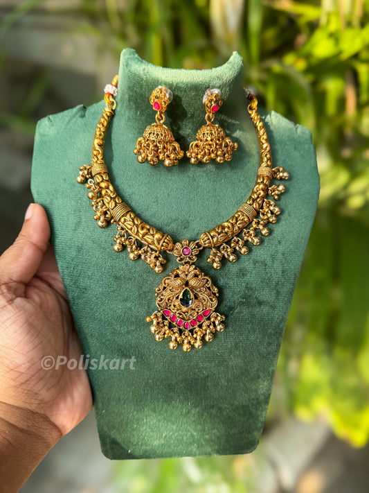 Peacock designed short necklace with jhumka set