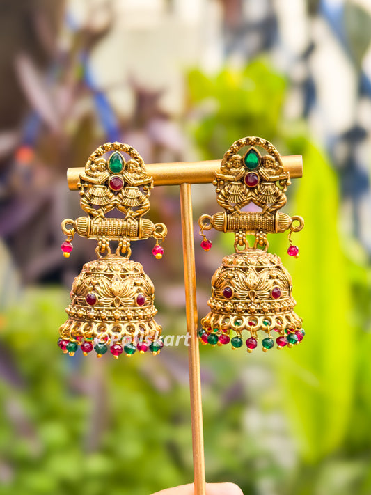 Ruby and green stone worked jhumka set