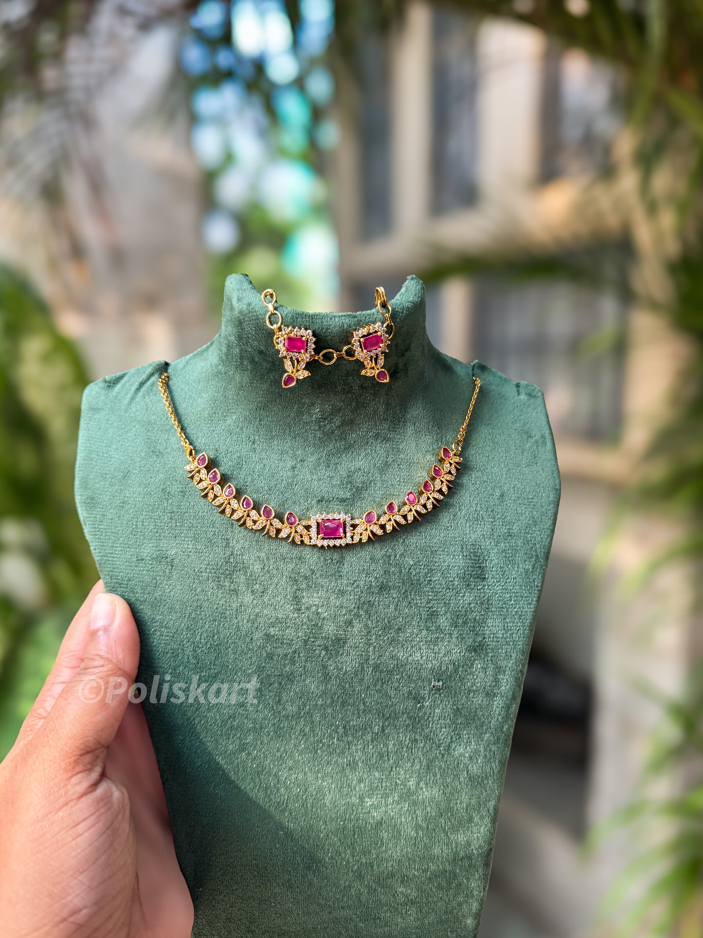 Rubi and white stone worked necklace with earring
